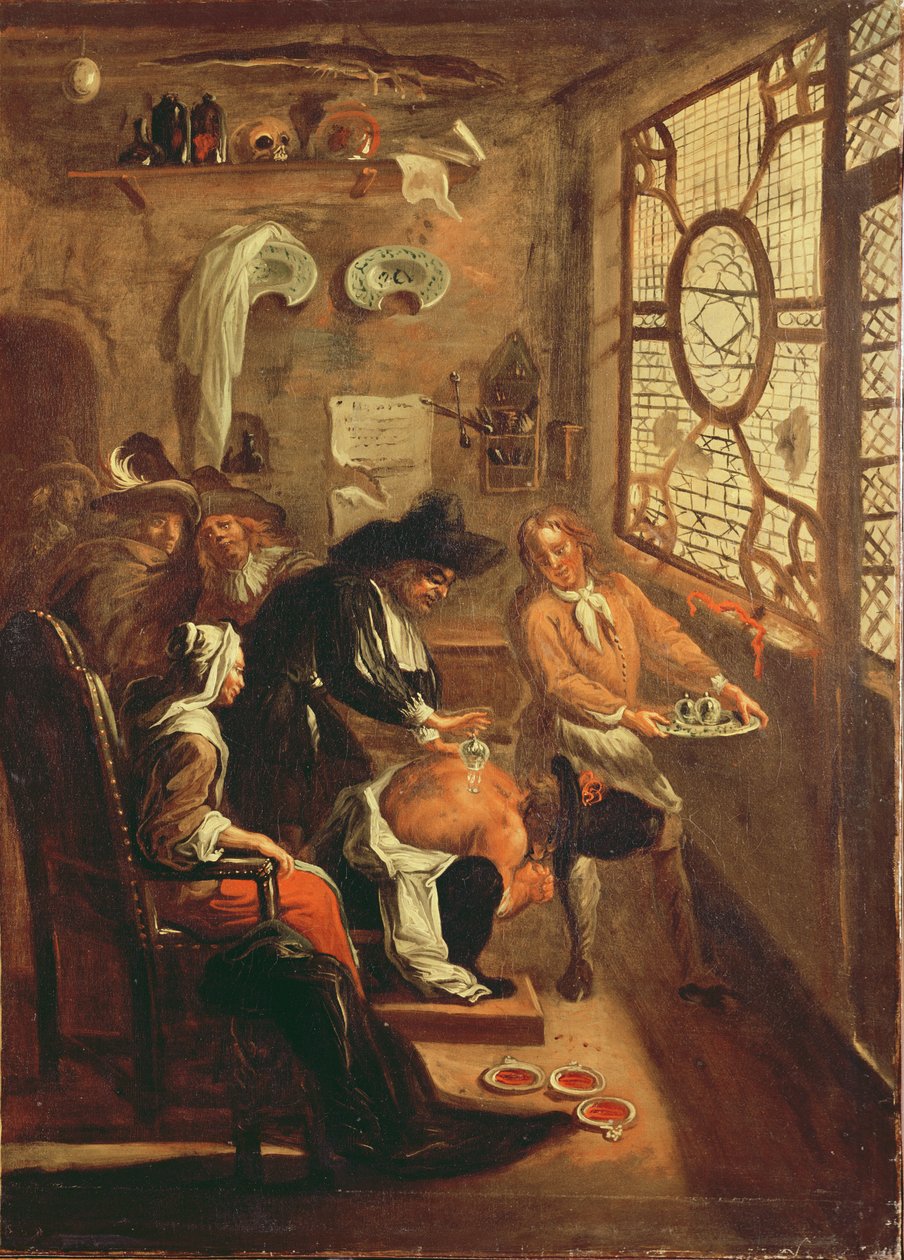 拉戈廷用拔罐杯治疗，来自保罗·斯卡龙（Paul Scarron，1610-60）1712-16的“罗马风骚”（Roman Comique） 作者 让·德·库洛姆