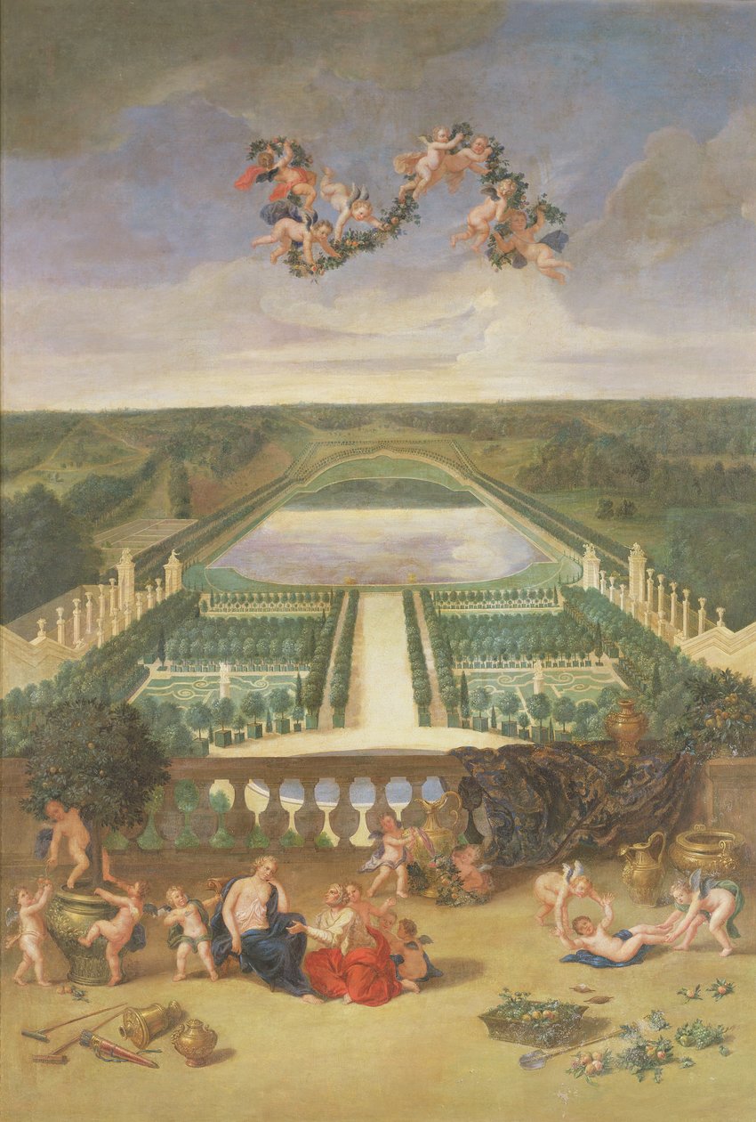 位于凡尔赛的橘园景观，来自片刻的E su des Suisses和带有Vertumnus和Pomona的King&39;s Vegetable Garden，1688 作者 尚·科特尔·让