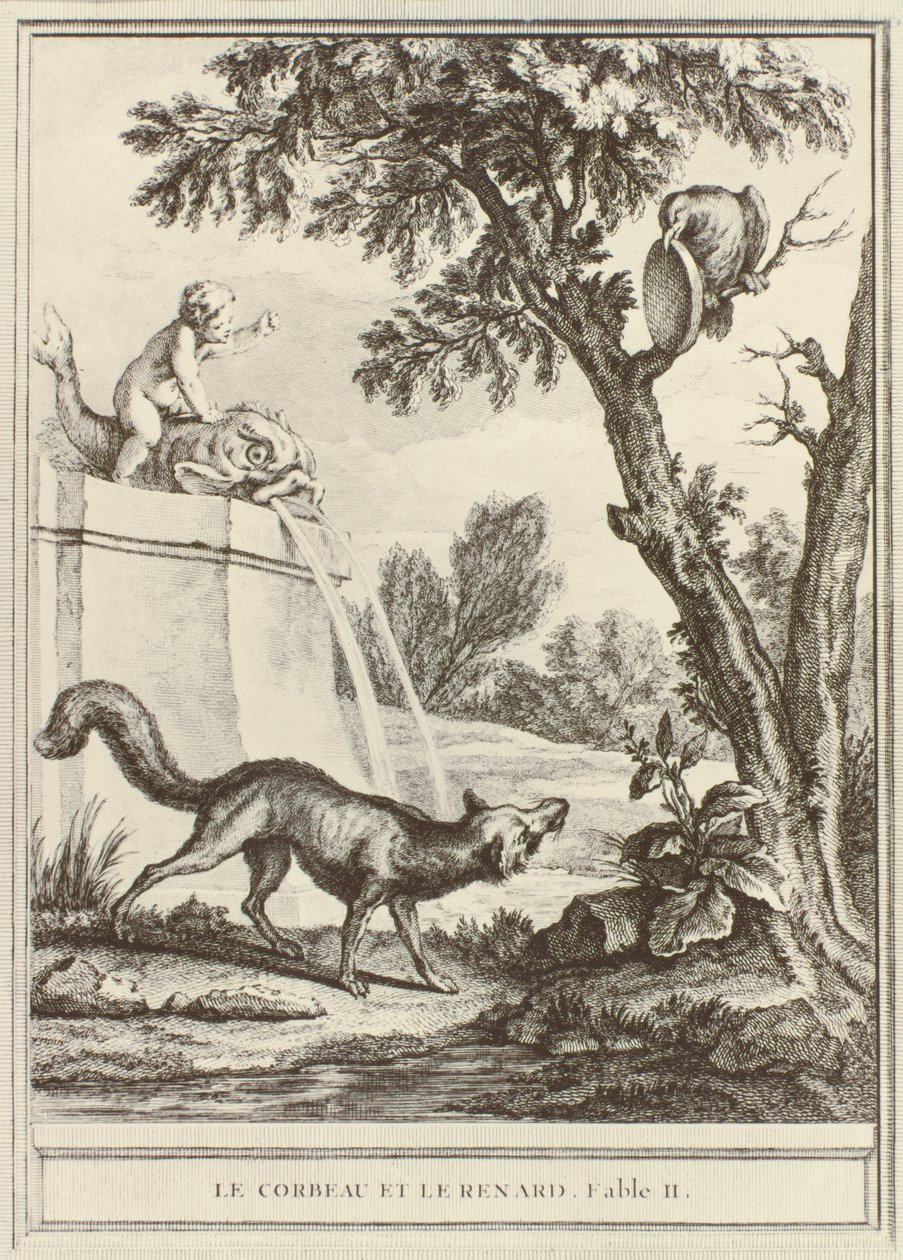 狐狸和乌鸦，来自&39;Fables Choisis，mises en vers&39;由Jean de la Fontaine，由Charles Nicolas Cochin镌刻，出版于1755-1759 作者 让·巴蒂斯特·奥德里（Jean Baptiste Oudry）