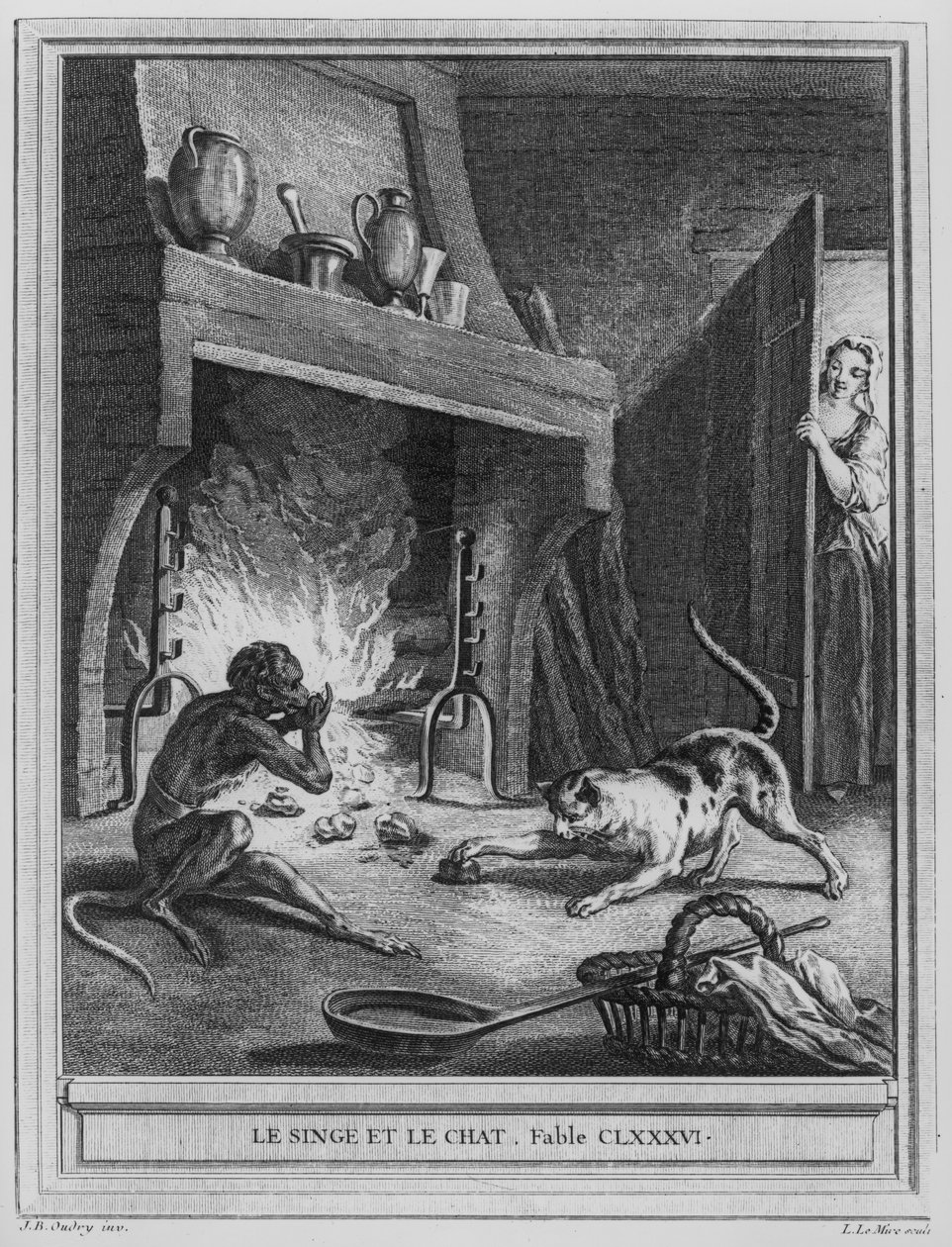 猴子和猫，由Jean de La Fontaine（1621-95）绘制的“寓言”插图，由Louis Le Mire（1736-57）刻 作者 让·巴蒂斯特·奥德里（Jean Baptiste Oudry）