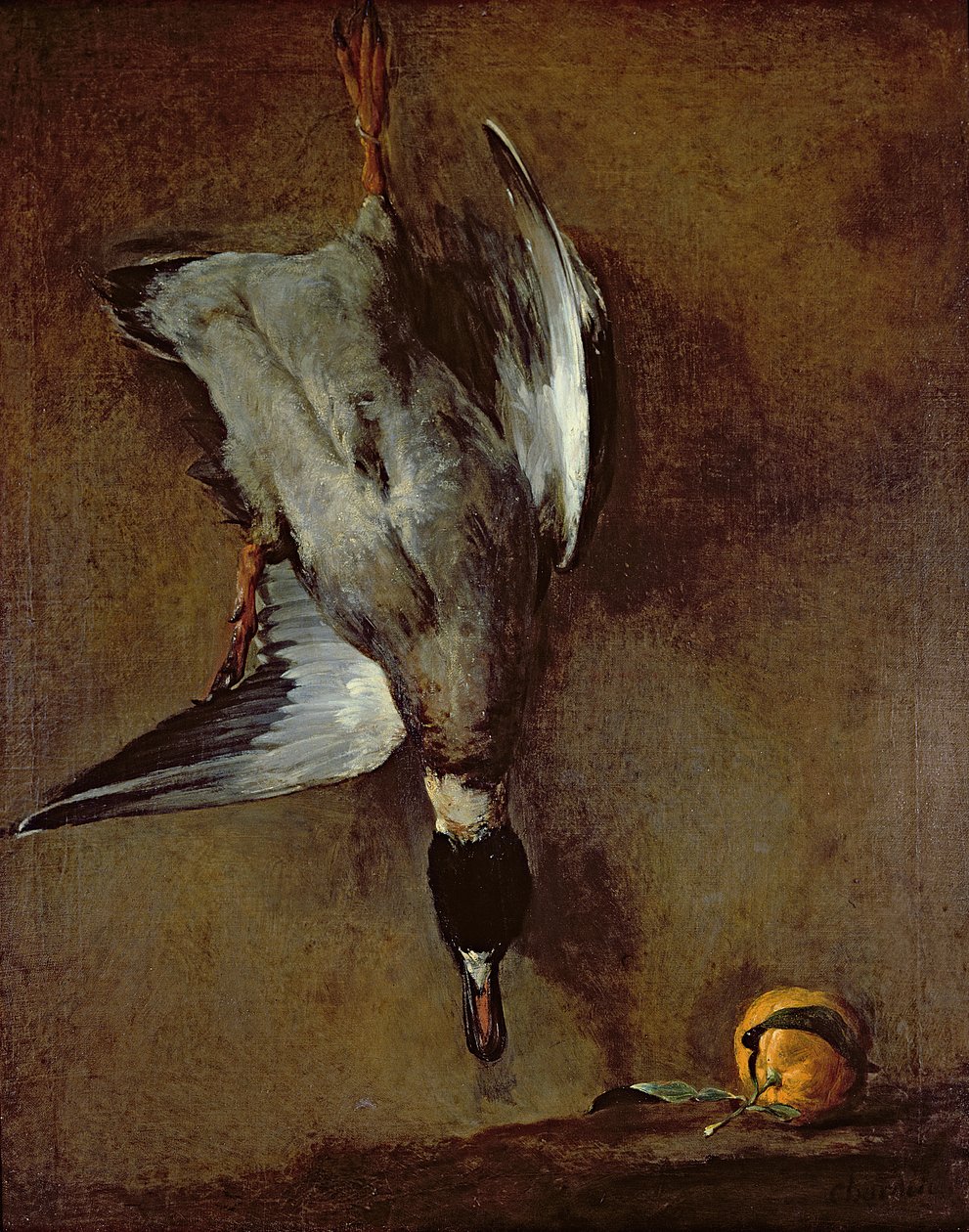 一只野鸭挂在墙上塞维利亚橙，1720-30油n帆布） 作者 让·巴蒂斯特·西蒙·查尔丁