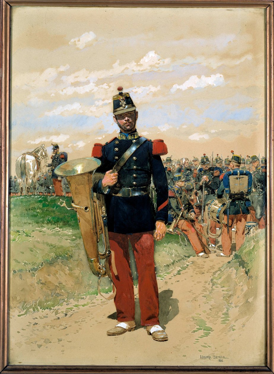 行乐：1855年军事管弦乐队的一名士兵成员。爱德华-迪特尔（1848-1912）的水彩画。1855.巴黎，军队博物馆 作者 让·巴蒂斯特·爱德华·Detaille