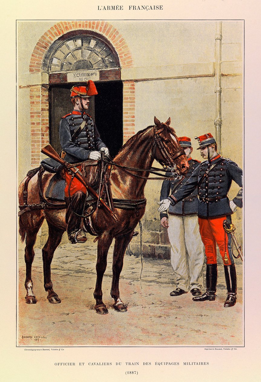 儒勒-理查德上尉的法国军队的类型和制服，由爱德华-迪特尔（1848-1912）画的。1887年军事人员列车上的军官和骑兵，私人收藏 作者 让·巴蒂斯特·爱德华·Detaille
