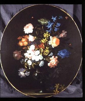 玻璃花瓶中的玫瑰、康乃馨和风信子等花卉静物（椭圆形 作者 让-巴蒂斯特·莫努瓦耶