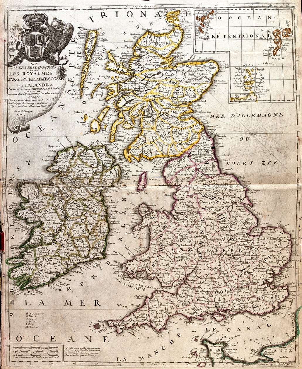 英格兰、苏格兰和爱尔兰（大不列颠）王国地图（雕刻 作者 让·巴蒂斯特·诺林（Jean Baptiste Nolin）