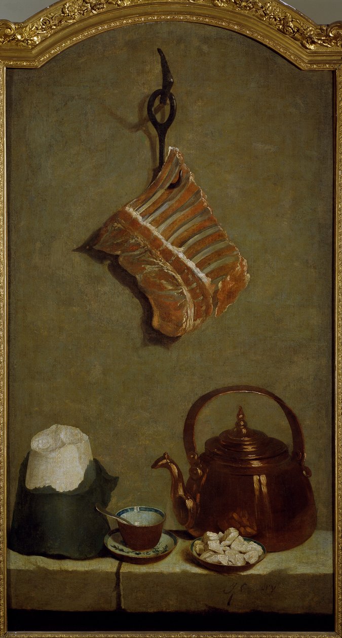 让-巴蒂斯特-奥德里（1686-1755）的静物画：四分之一的肉、糖面包、铜壶和杯子。 作者 让·巴蒂斯特·奥德里（Jean Baptiste Oudry）
