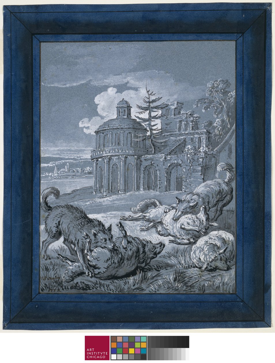 攻击绵羊的狼（Rein de Trop II）1732（钢笔和墨水，带水洗纸和水粉纸） 作者 让·巴蒂斯特·奥德里（Jean Baptiste Oudry）