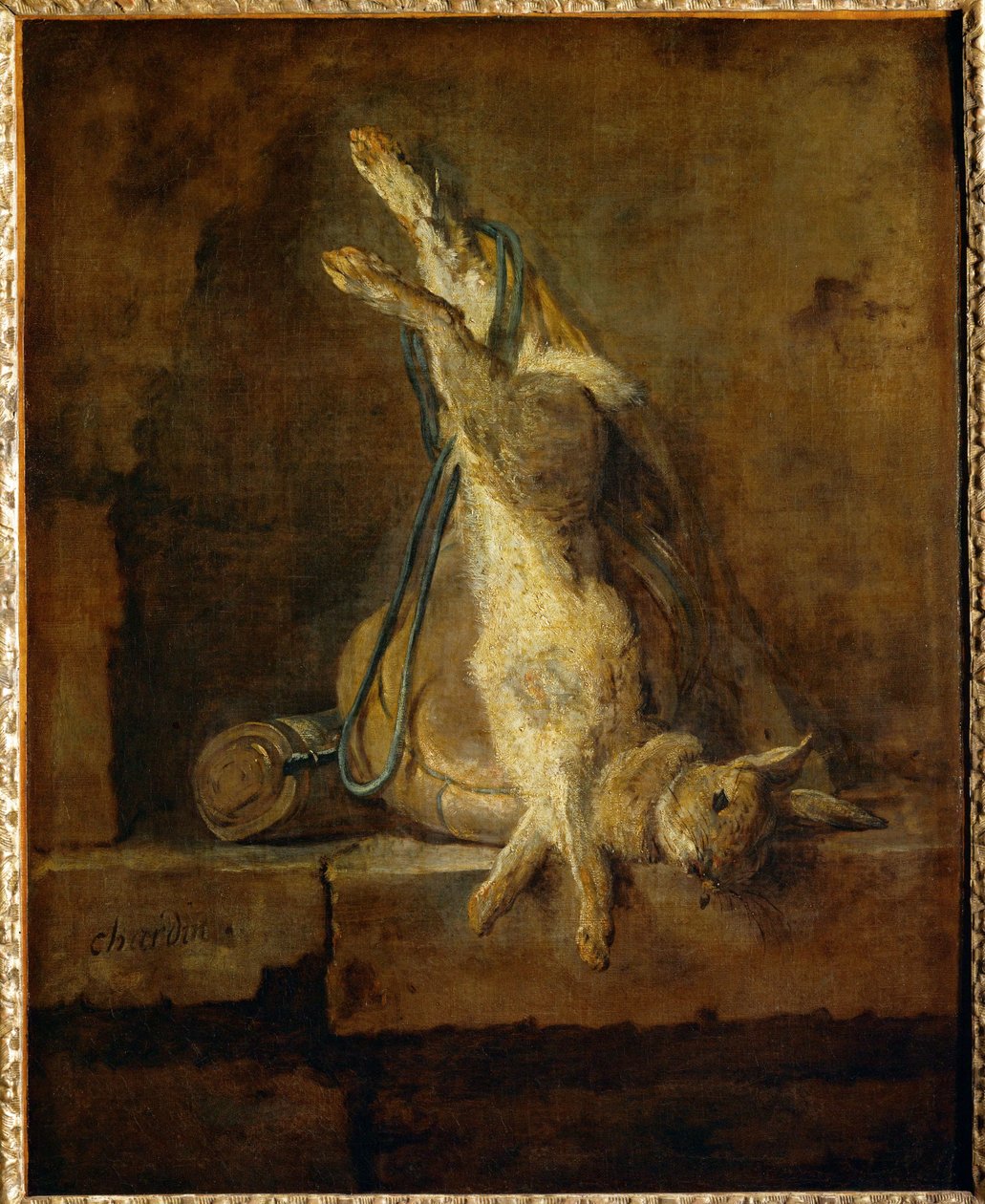 Lapin de Garenne mort avec une gibeciere et une poire a poudre - 死野兔与游戏包和粉瓶... 作者 让·巴蒂斯特·西蒙·夏尔丹