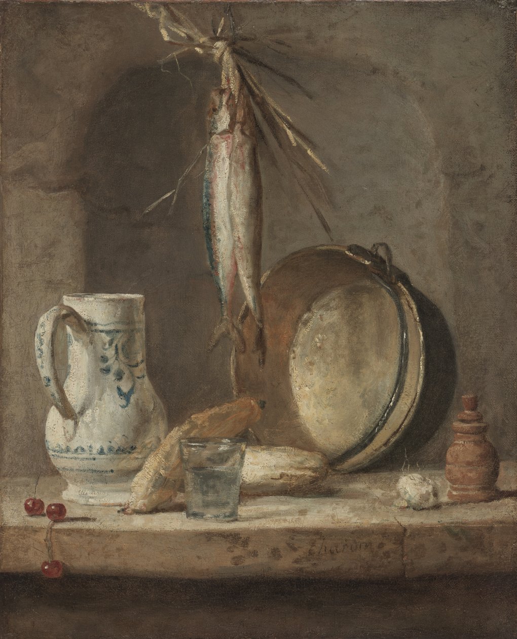 静物与鲱鱼，约1735年（布面油画） 作者 让·巴蒂斯特·西蒙·查尔丁
