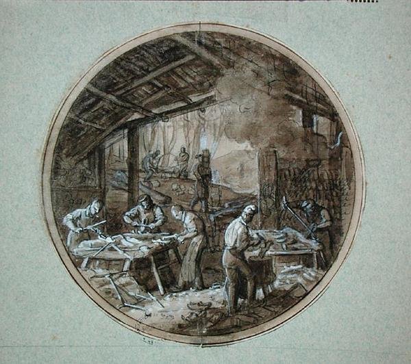 木屐工坊，描绘不同行业的版式设计，约1820-35（纸上水墨和水粉笔）。 作者 让·查尔斯·德维尔（Jean Charles Develly）