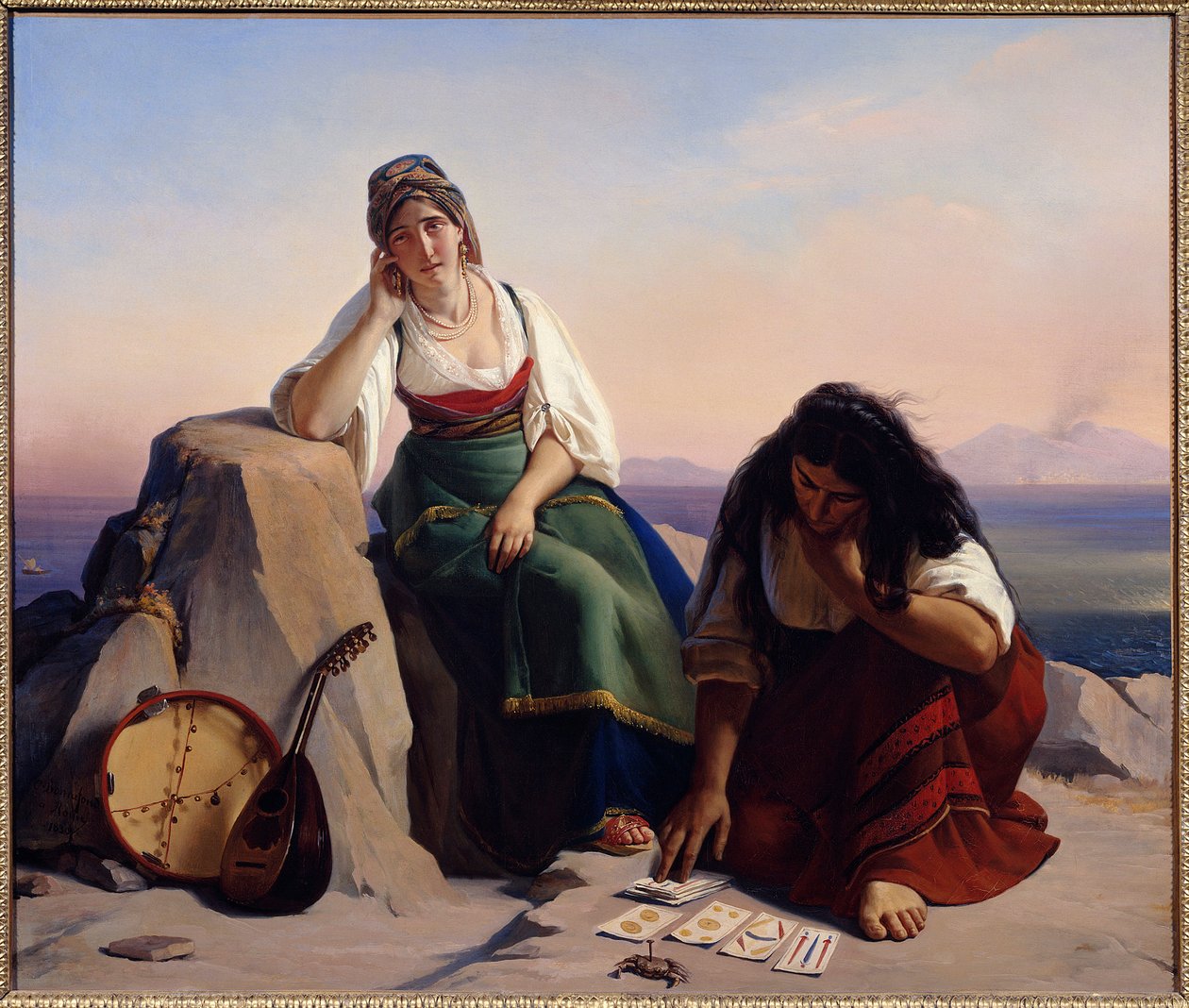 巫师向伊斯基亚的女孩或算命先生拉卡片。 Claude Bonnefond (1796-1860) 的绘画 作者 让·克劳德·博内丰