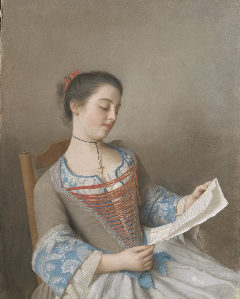 &39;La liseuse Marianne Lavergne，艺术家的表弟，在Lyons乡村服装，1746年（粉彩羊皮纸） 作者 让·埃蒂安·利奥塔