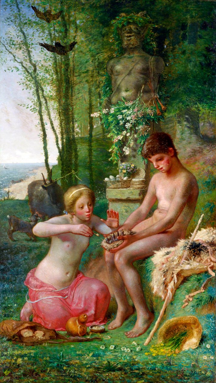 "春天，达夫尼斯和克洛伊》（Printemps, Daphnis et Chloe） 让-弗朗索瓦-米勒（Jean Francois）（1814-1875 年）的画作 - 1865 年 - 布面油画 尺寸 235.5x135 厘米 东京国立西部艺术博物馆 作者 让·弗朗索瓦·米勒