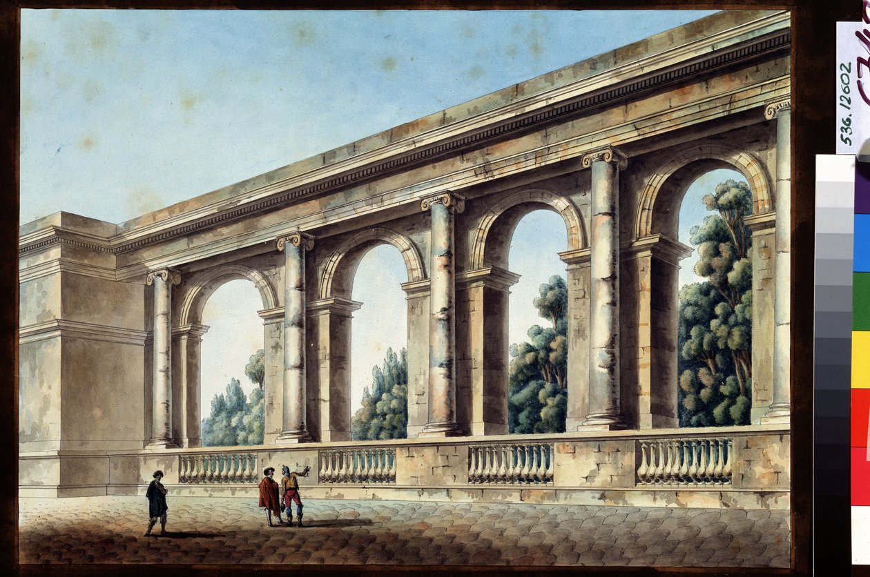 拱形画廊的视图。 让·弗朗索瓦·托马斯·德·托蒙（Jean Francois Thomas de Thomon，1754-1813 年）的绘画。 纸本水彩、水墨，38.4 x 52.8 厘米 作者 让·弗朗索瓦·托马斯·德·托蒙