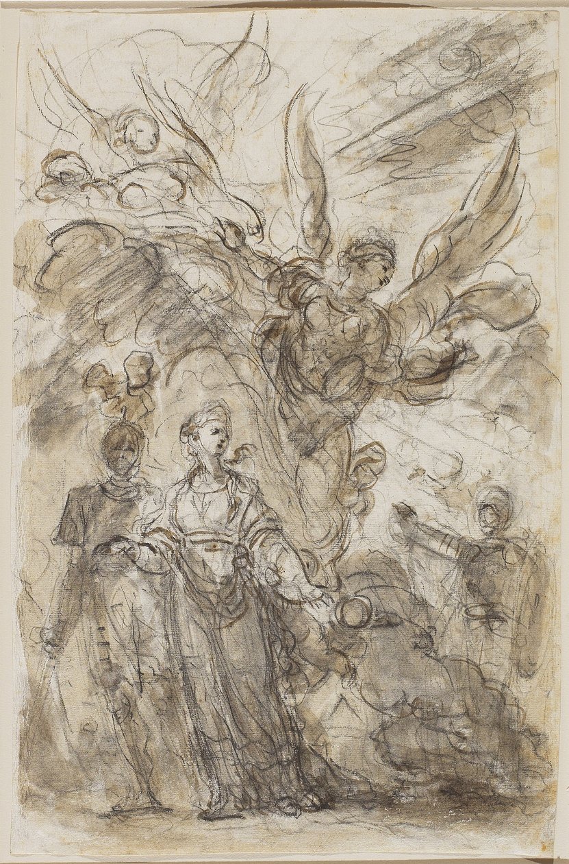 Charlemagne带领Angelica远离罗兰，1785年（黑色粉笔和棕色水洗，在纸上留下石墨痕迹） 作者 让·奥诺雷·弗拉戈纳尔