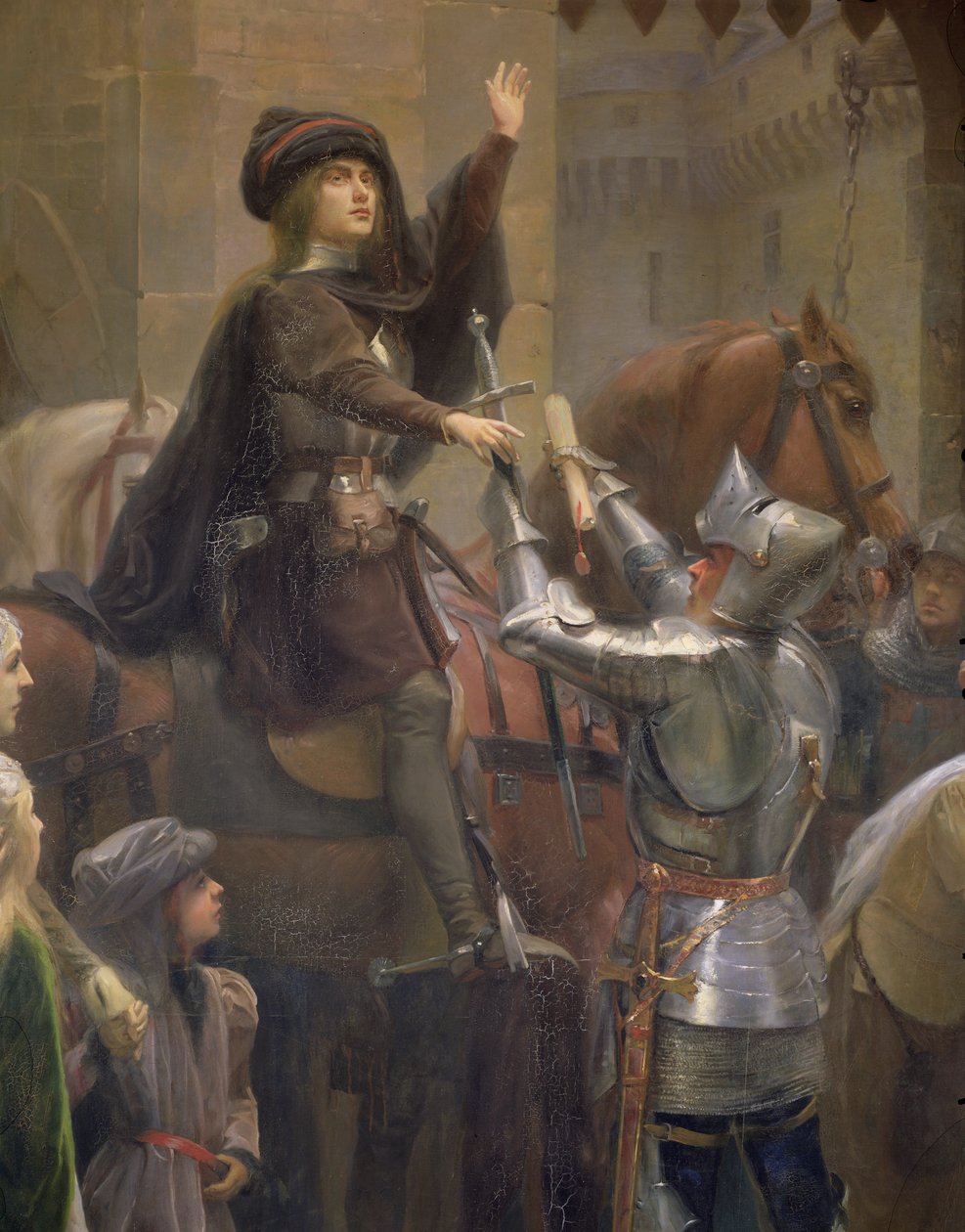 Joan of Arc离开Vaucouleurs，1429年2月23日Baudricourt和Joan of Arc的细节，1887年布面油画 作者 让·雅克·谢勒