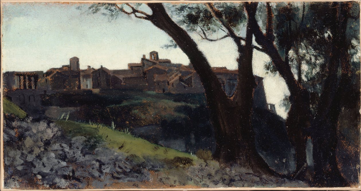 意大利风景。黄昏的村庄，1859 年至 1860 年间（油画） 作者 让·雅克·亨纳