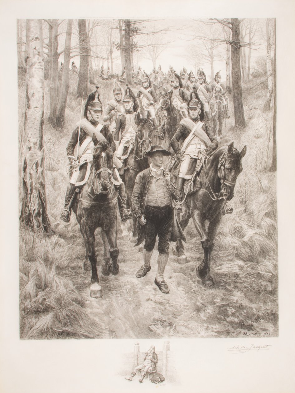 法国骑兵穿越树林与导游，由Achilles Jacquet（1846-1908）雕刻 作者 让·路易斯·欧内斯特·迈森尼尔