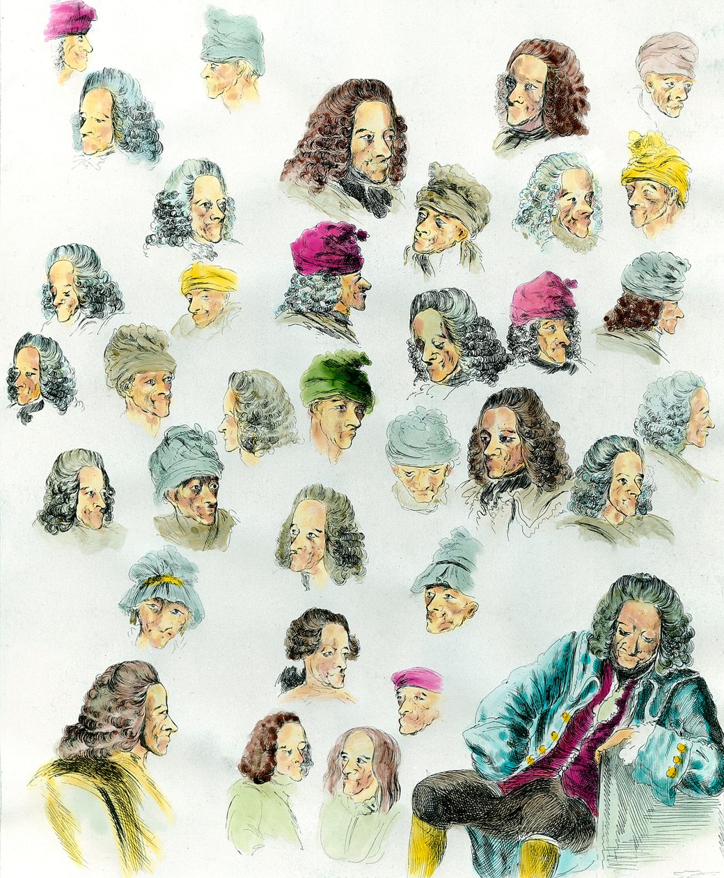 作家弗朗索瓦·玛丽·阿鲁埃·德·伏尔泰（1694-1778）在让·胡贝尔（1721-1786）18 世纪的画作之后做出的不同表情和发型 作者 吉恩（后）胡贝尔
