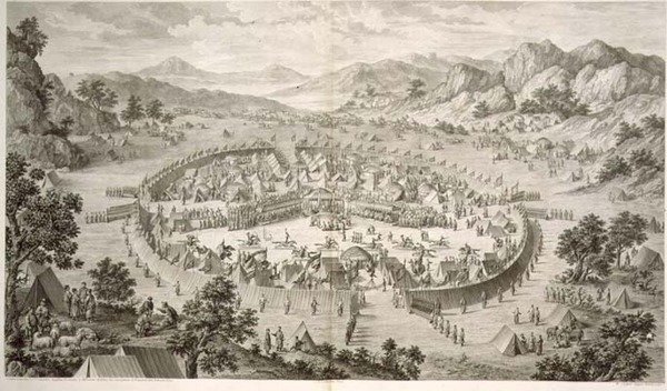 Tchao-Hoei在1758年用演习和军事游戏来占领他的部队，这是由Pierre Philippe Choffard (1730-1809)1772年雕刻的代表中国乾隆皇帝征服的系列版画中的第5版（雕版）。 作者 让（d.1781）（后）大马士革