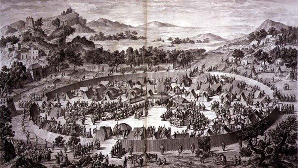 1759年7月，在叶尔钦城墙下的大营中，赵顼接受了该城和该省居民的敬意，这是由皮埃尔-菲利普-乔刻制的表现中国乾隆皇帝征服的系列版画中的第4版。 作者 让（d.1781）（后）大马士革