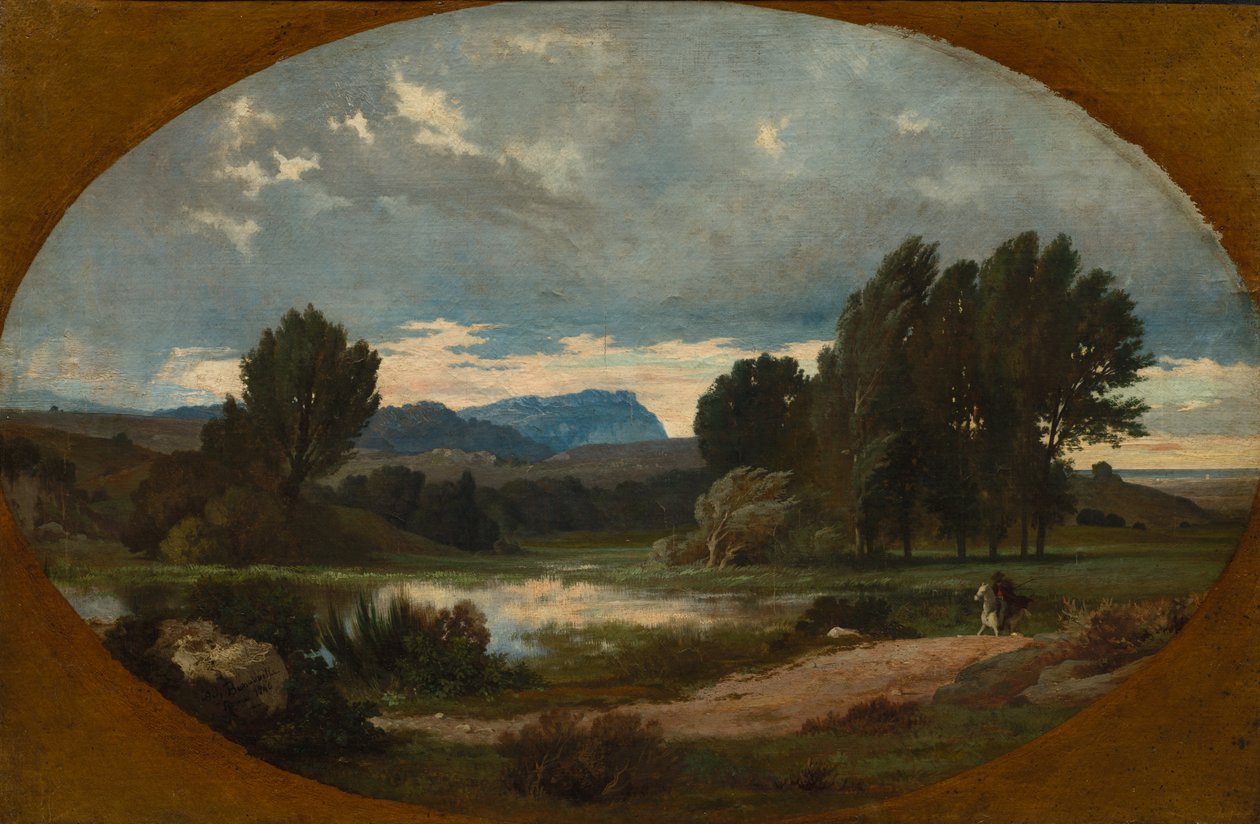 与骑手骑白马的风景，1846年。 作者 让·阿奇里·本努维尔