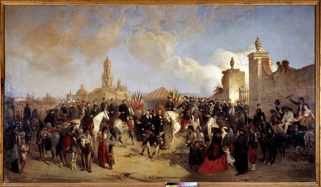 远征墨西哥（1861-1867）。"1863年6月10日法国远征军进入墨西哥城，Forey将军从Prefet Azcarte手中接过城市的钥匙" Jean Adolphe Beauce (1818-1875) 1868年太阳画。2,15x3,75米。 作者 让·阿道夫·博斯