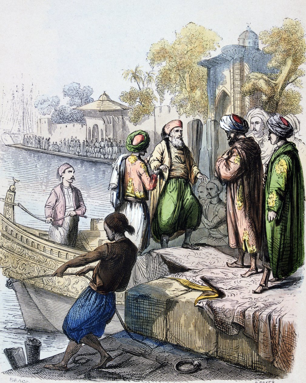 穆罕默德-阿里（1769-1849 年）抵达君士坦丁堡 - 1828 年：穆罕默德-阿里抵达君士坦丁堡（土耳其伊斯坦布尔）1846 年水彩画，法国画家让-阿道夫-博斯（1818 - 1875 年）的作品。穆罕默德-阿里-帕夏或穆罕默德-阿里；1769 年至 1849 年。奥斯曼阿尔巴尼亚逗号 作者 让·阿道夫·博斯