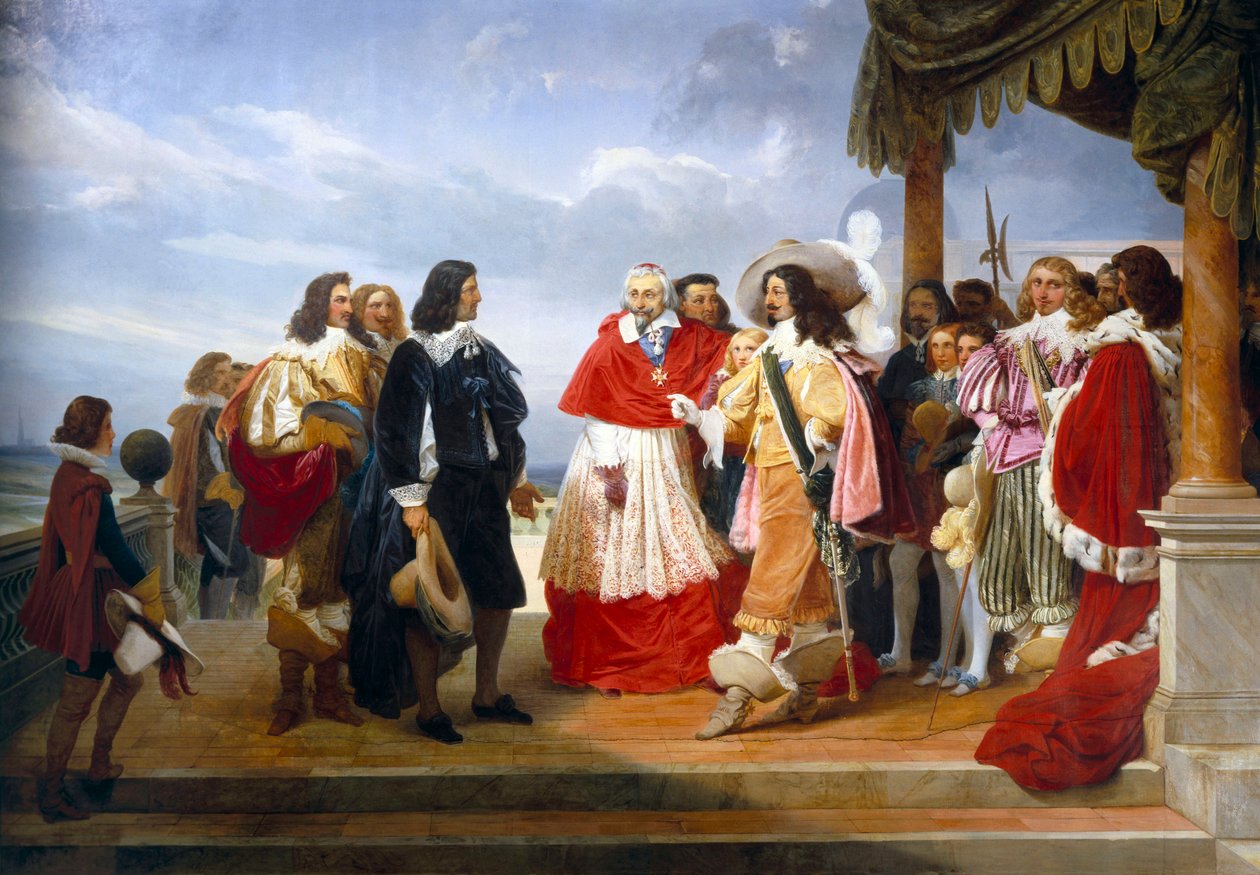 来自罗马的法国画家尼古拉斯·普桑 (Nicolas Poussin) 被红衣主教黎塞留送给法国国王路易十三，细节 作者 让·阿洛