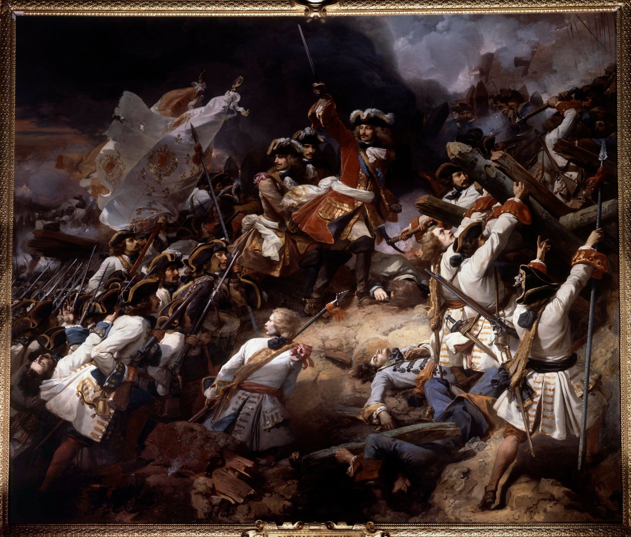 1712 年 7 月 24 日的德南战役（Battle of Denain） 维拉尔侯爵（Marechal de Villars）战胜了萨伏依的尤金王子（Prince Eugene of Savoy）。 Jean Alaux dit le Romain (1786-1864) 1839 年作画。 4,65 x 5,43 m 作者 让·阿洛