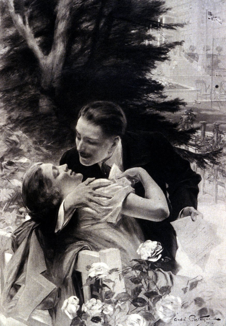 诱惑的场景。 安德烈·卡斯塔涅 (André Castaigne) 雕刻。 1922年。 作者 让·亚历山大·米歇尔·安德烈·卡斯塔涅