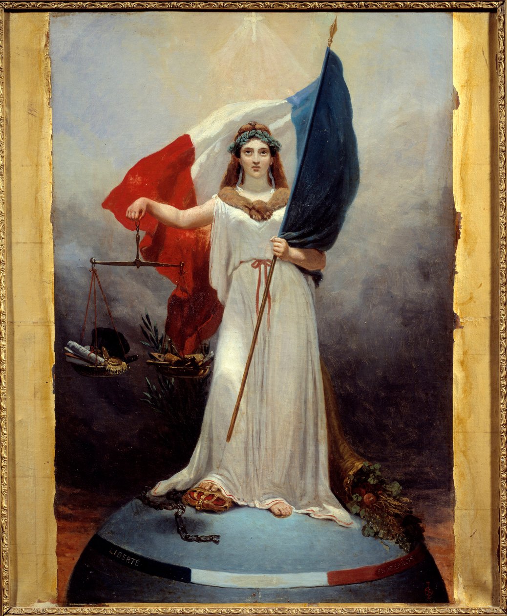 Symbolic figure of the Republic. Allegory representing the republic as a woman wearing a laurel wreath, symbol of peace, holding a balance, symbol of justice and the tricolor flag. Under his foot the crown of the crushed monarchy and the broken chains. Pai 作者 让·阿尔方斯·罗恩