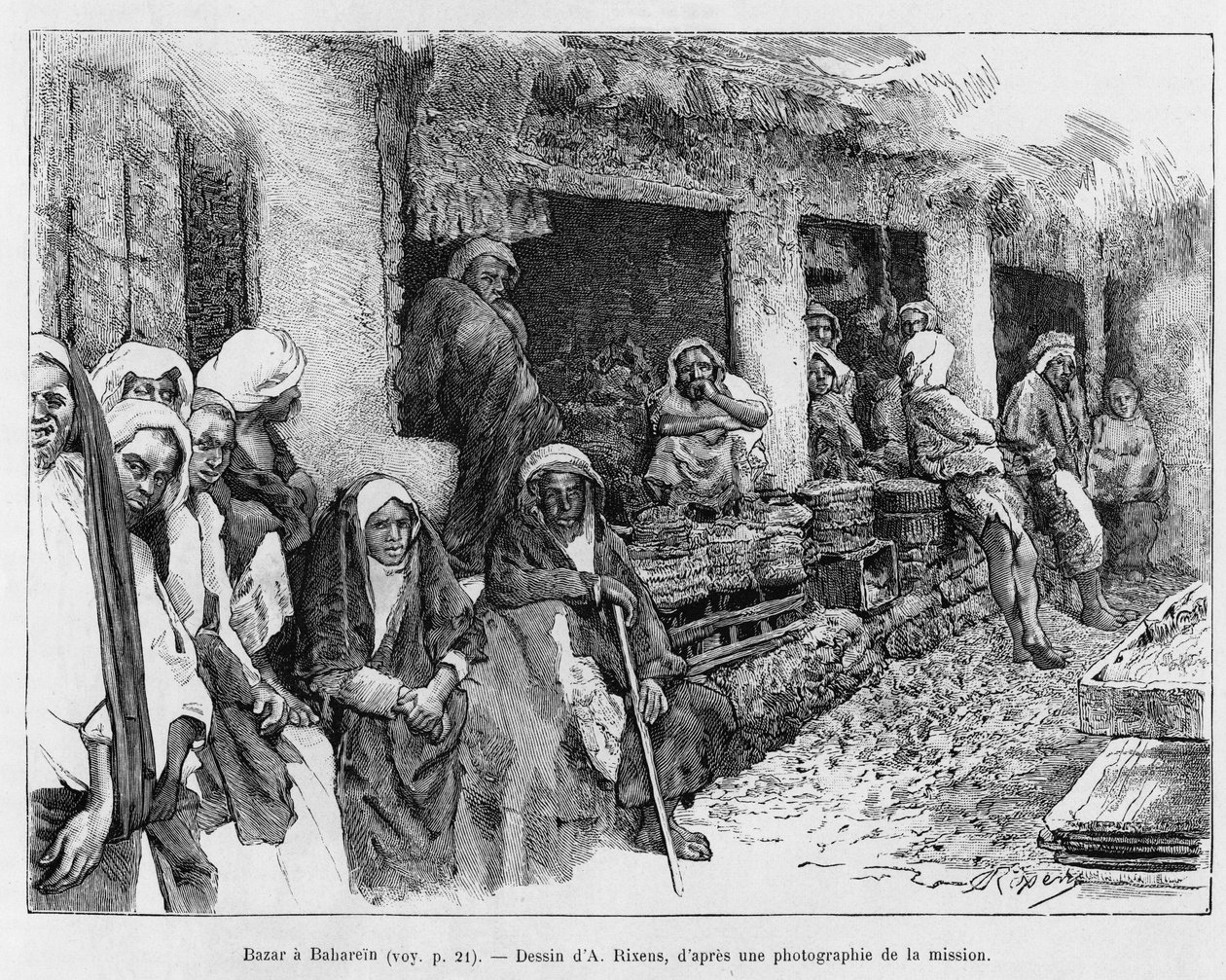 Bazaar a Bahrain, Chad. Engraving by A.Rixens to illustrate the story A Suse, journal des excavilles 作者 让·安德烈·里克森斯