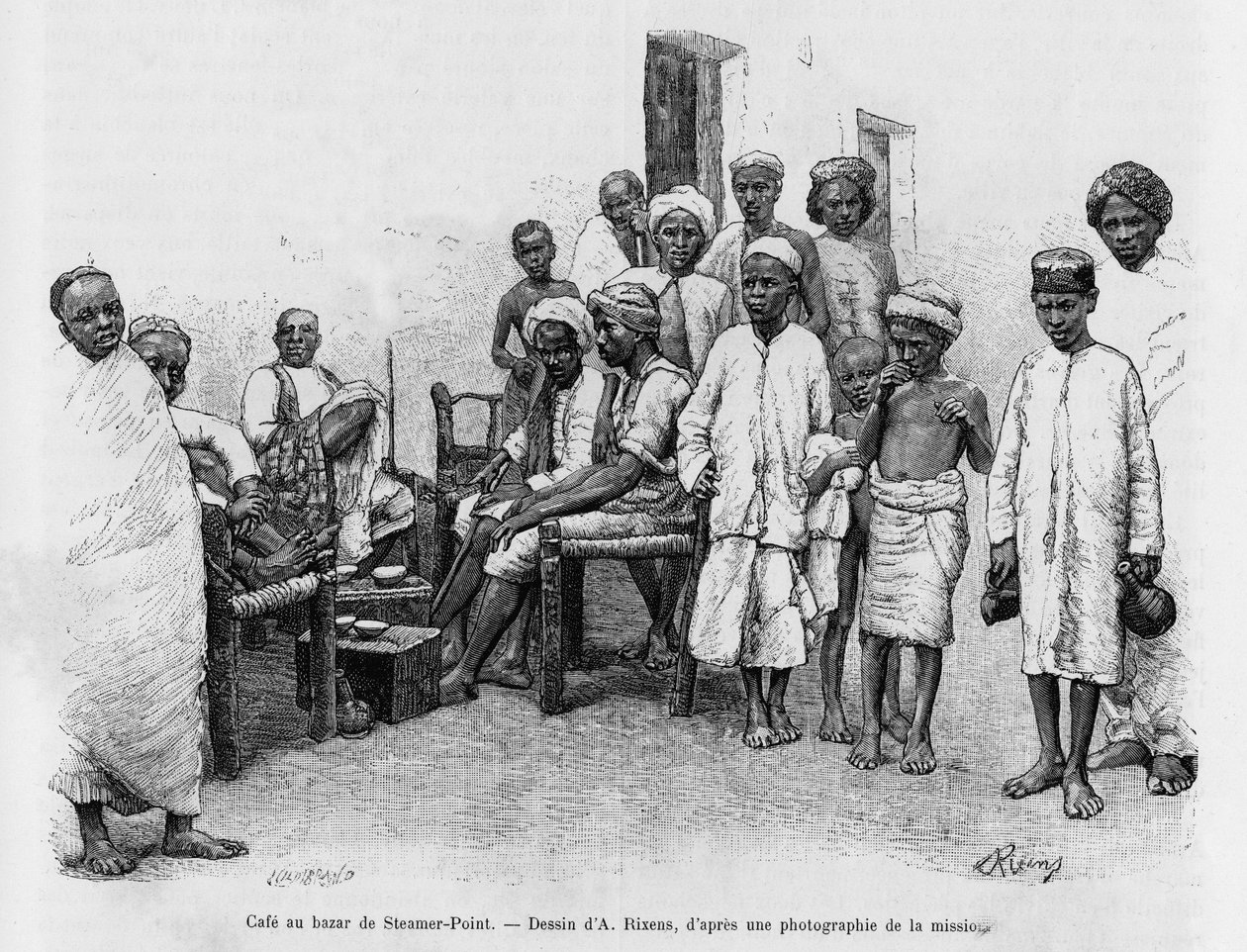 Cafe at Steamer Point Bazaar, Aden, Yemen. Engraving by A.Rixens to illustrate the story A Suse, journal des excavilles 作者 让·安德烈·里克森斯