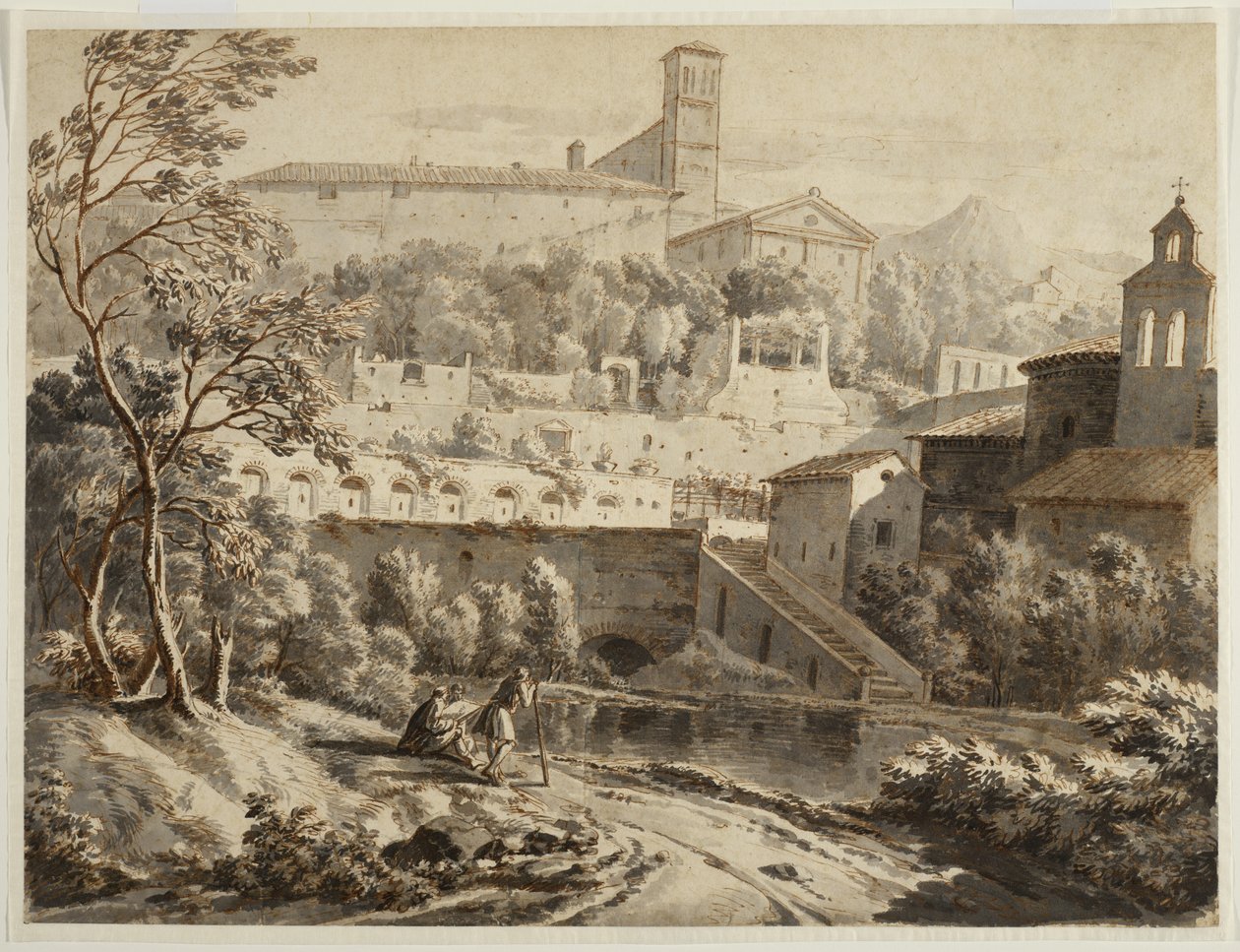 一位艺术家在意大利小镇下面沿着河岸画素描，1780年（纸上的水墨，黑色粉笔的痕迹） 作者 让·安托万·康斯坦丁