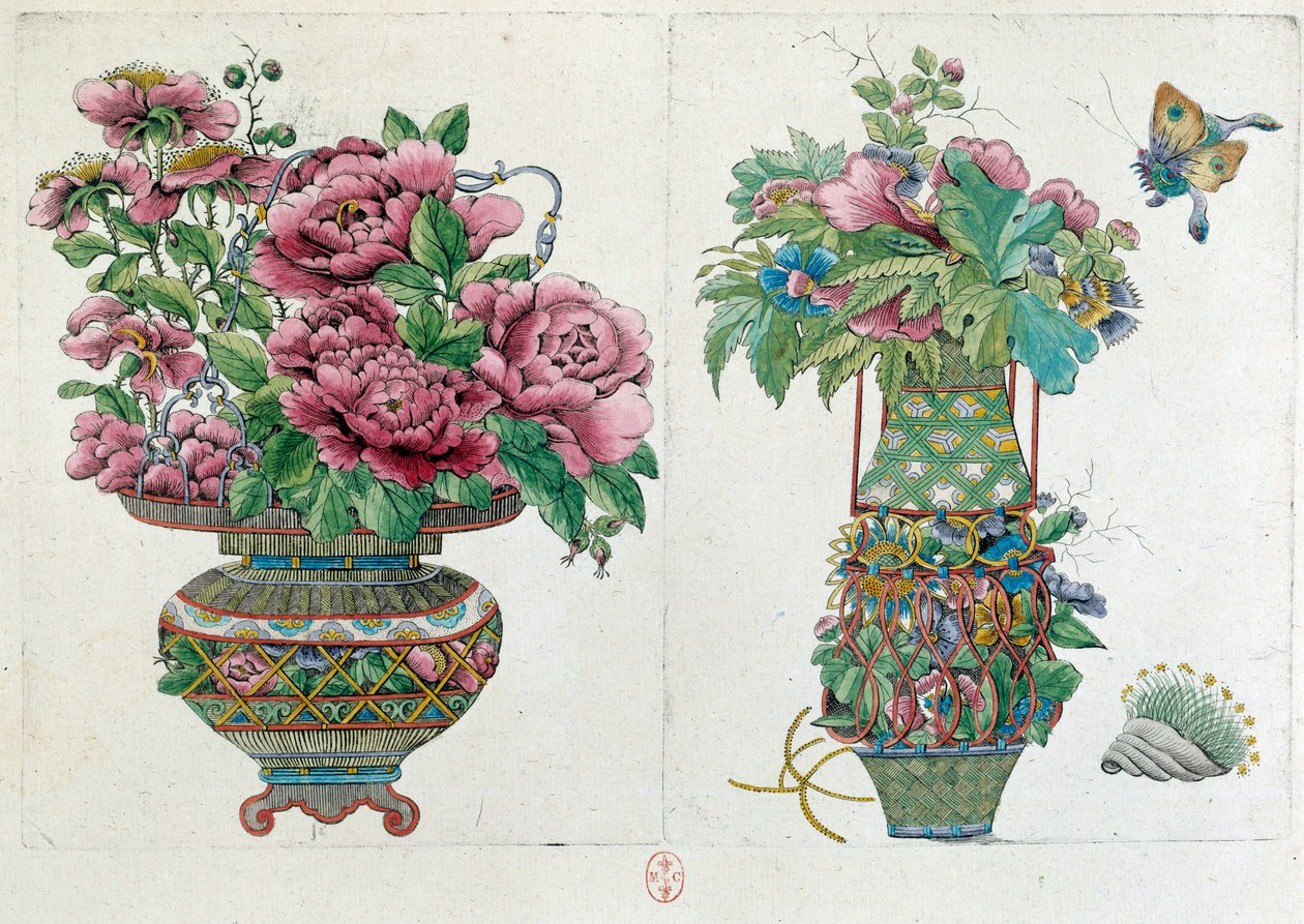 画自中国花瓶：花盆。 让·安托万·弗雷斯 (Jean Antoine Fraisse) 的绘画（18 世纪） 作者 让·安托万·弗赖斯（Jean Antoine Fraisse）