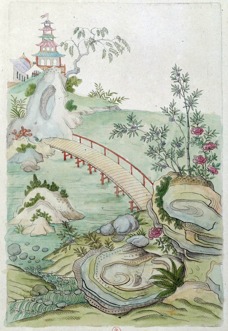 来自中国花瓶的绘画：有桥的风景。 让·安托万·弗雷斯 (Jean Antoine Fraisse) 的绘画（18 世纪） 作者 让·安托万·弗赖斯（Jean Antoine Fraisse）