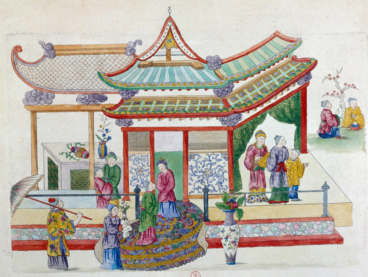 花园里的场景。 绘画来自一个中国花瓶。 让·安托万·弗雷斯 (Jean Antoine Fraisse) 的绘画（18 世纪） 作者 让·安托万·弗赖斯（Jean Antoine Fraisse）