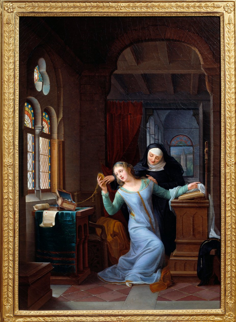 Heloise (1101-1164) 拥抱修道院生活 Heloise 和 Abelard 的历史，传奇夫妇。 让·安托万·洛朗 (Jean Antoine Laurent) (1763-1832) 的绘画，19 世纪太阳。 0,84x0,58 m Malmaison, musee du chateau 作者 让·安托万·洛朗（Jean Antoine Laurent）