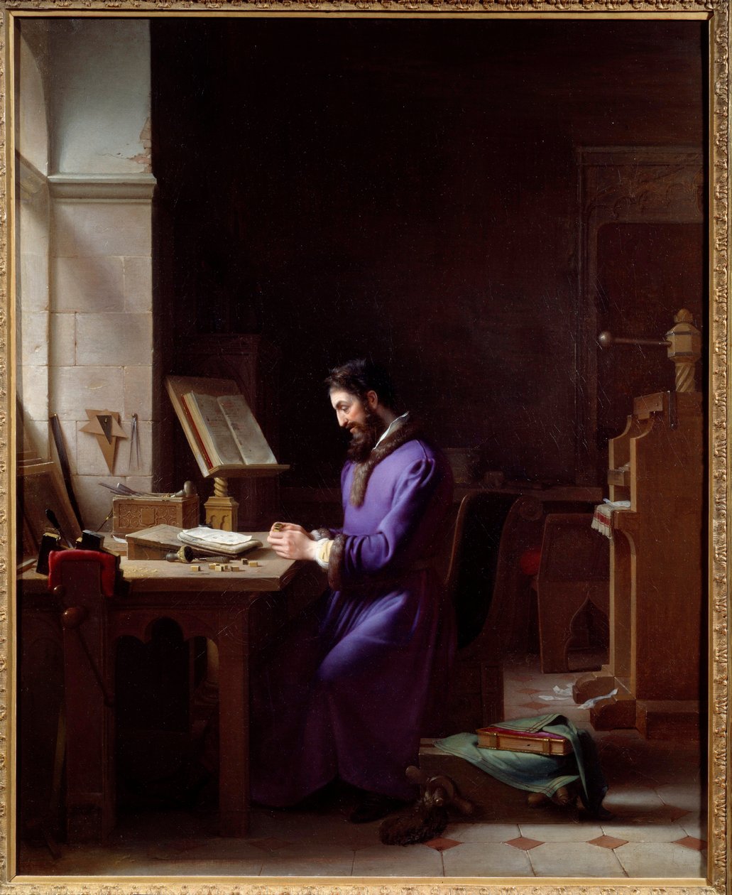 Johannes Gensfleisch Gutenberg (1400-1468) inventing the printing press The German printer is a representative handling characters at his office. Painting by Jean Antoine Laurent (1763-1832) 1830 Grenoble, Musee des Beaux Arts 作者 让·安托万·洛朗（Jean Antoine Laurent）