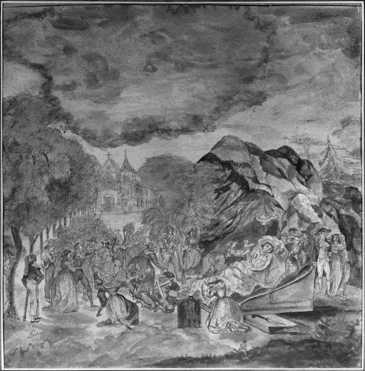 人们在1793年Les Cordeliers的石窟附近归档Marat的尸体（铅笔和纸上的wc） 作者 让·安托万·洛朗（Jean Antoine Laurent）
