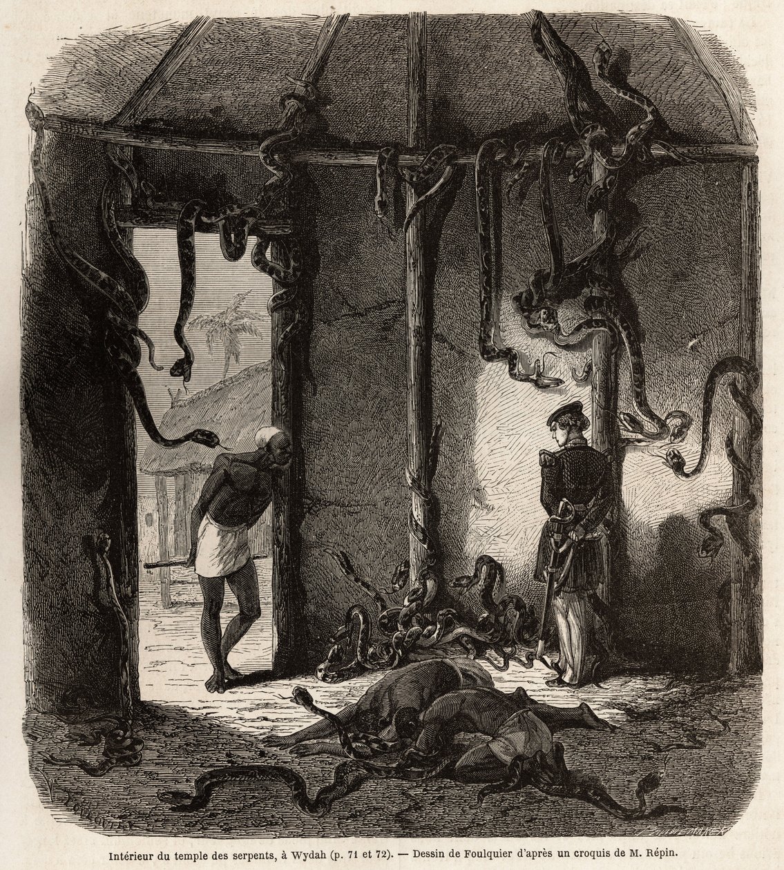 达荷美（今贝宁）Wydah的蛇神庙内，由Jean Antoine Foulquier（1822-1896）绘制，用于说明Repin博士1860年的达荷美之旅。雕刻在《世界之旅》中，由Edouard Charton编辑。 作者 让·安托万·瓦伦丁·富奎尔