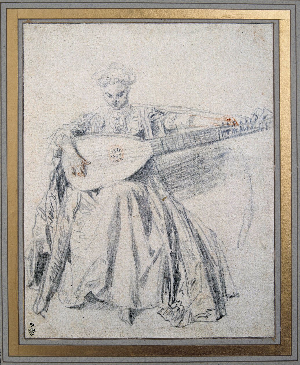 让·安托万·华托（Jean Antoine Watteau，1684-1721 年）18 世纪尚蒂伊博物馆孔德（Conde）的琵琶演奏者绘制铅矿和血液 作者 让·安托万·沃托