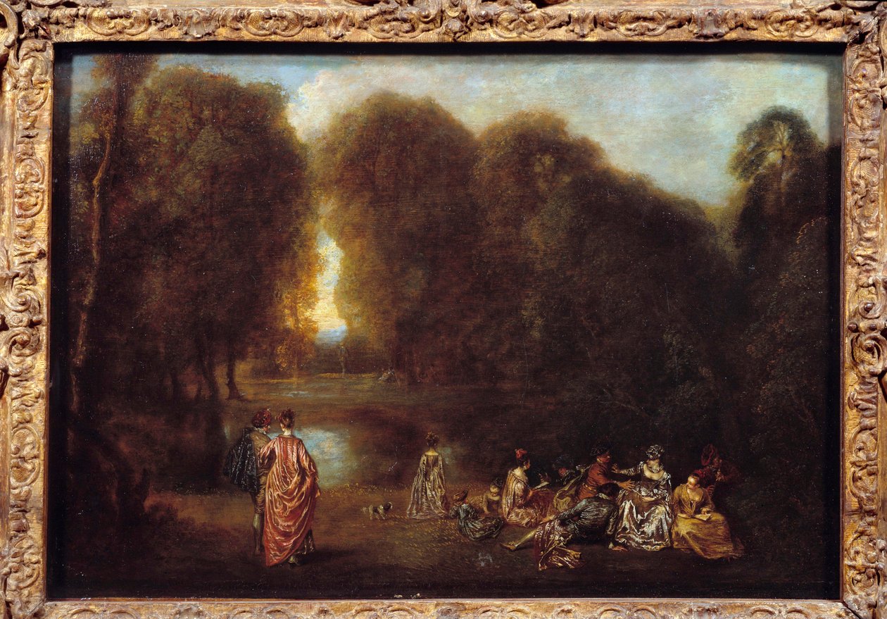 在公园内组装 让·安托万·华托 (Jean Antoine Watteau) 的画作 (1684-1721) 作者 让·安托万·沃托