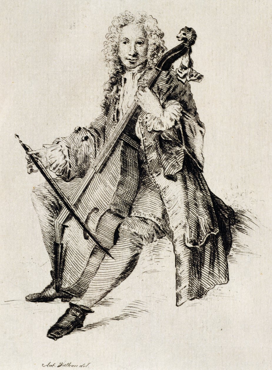 大提琴手，作者 Jean Antoine Watteau (1684-1721)，雕刻，法国 作者 让·安托万·沃托