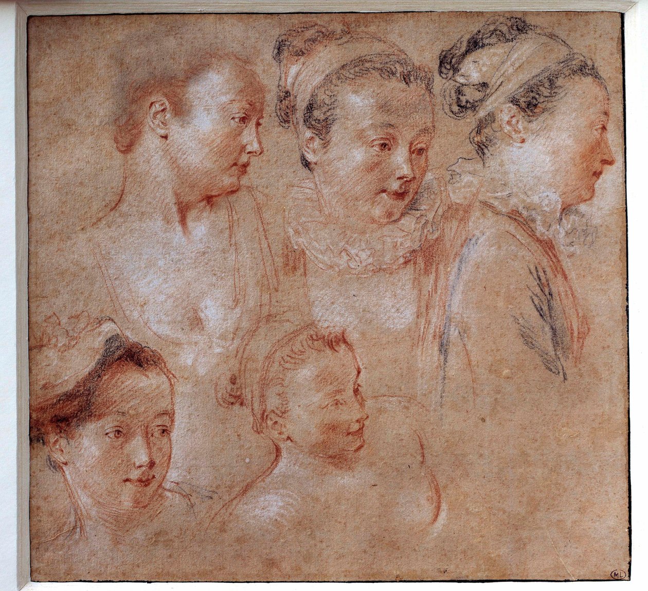 让·安托万·华托（Jean Antoine Watteau，1684-1721）1713 年巴黎卢浮宫博物馆的五种女性发型 作者 让·安托万·沃托