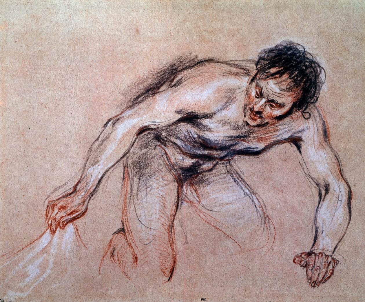研究一个跪着拉窗帘的裸体男人 Jean Antoine Watteau (1684-1721) 18 世纪的太阳。 0,24x0,29 m 巴黎，卢浮宫 作者 让·安托万·沃托