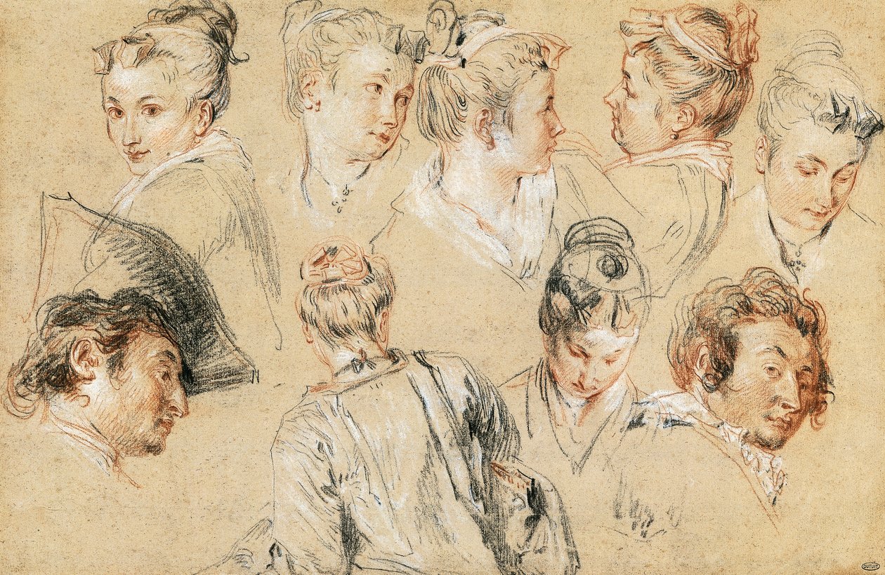 Study of heads, by Jean-Antoine Watteau (1684-1721), drawing 作者 让·安托万·沃托