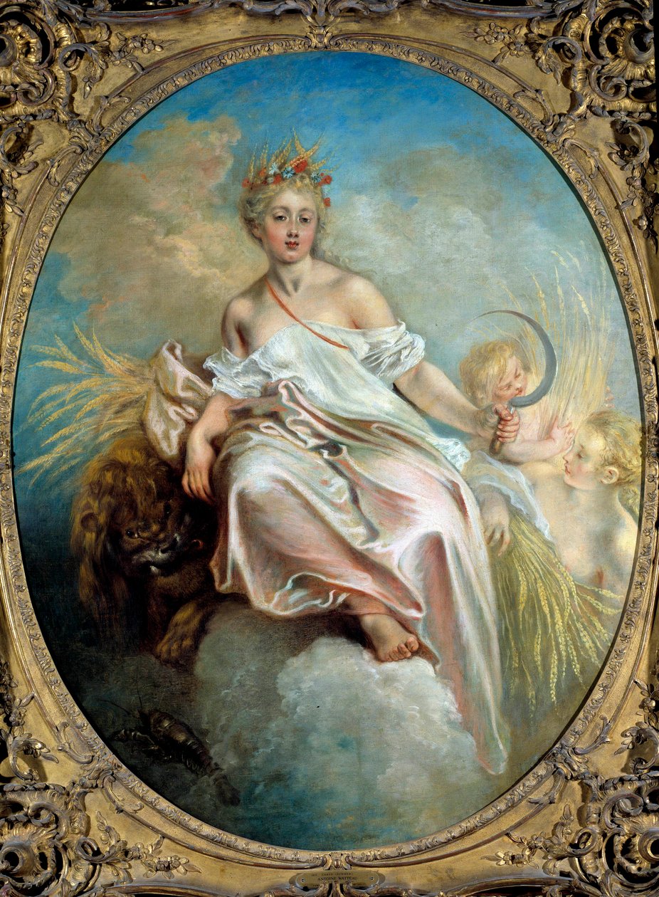 夏天的四季寓言，年轻女子手里拿着镰刀。 Jean Antoine Watteau (1684-1721) 18 世纪华盛顿的绘画。 国家美术馆 作者 让·安托万·沃托