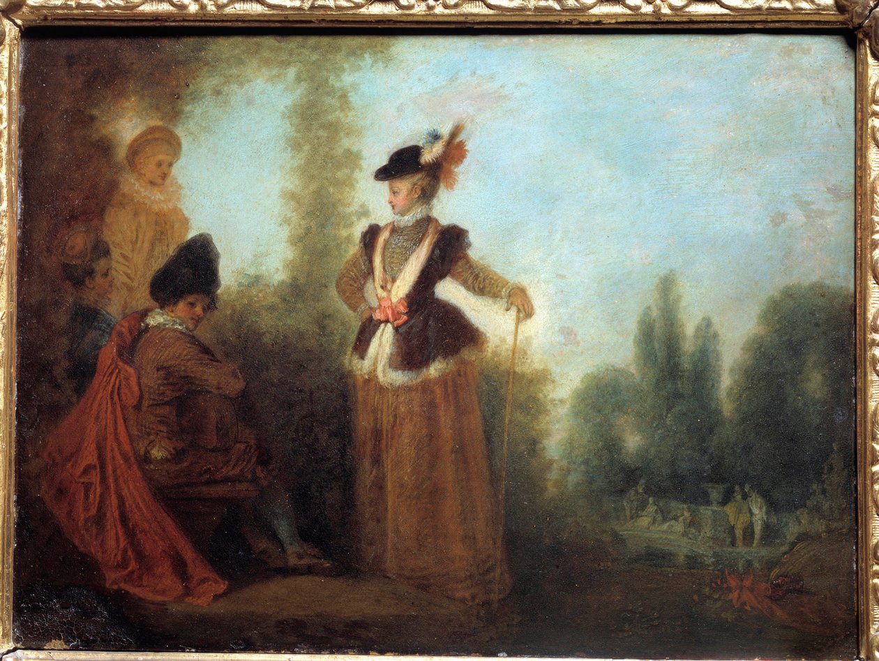 冒险家 一位身着旅行装的时尚年轻女性。 Jean Antoine Watteau (1684-1721) 18 世纪特鲁瓦美术博物馆的绘画 作者 让·安托万·沃托